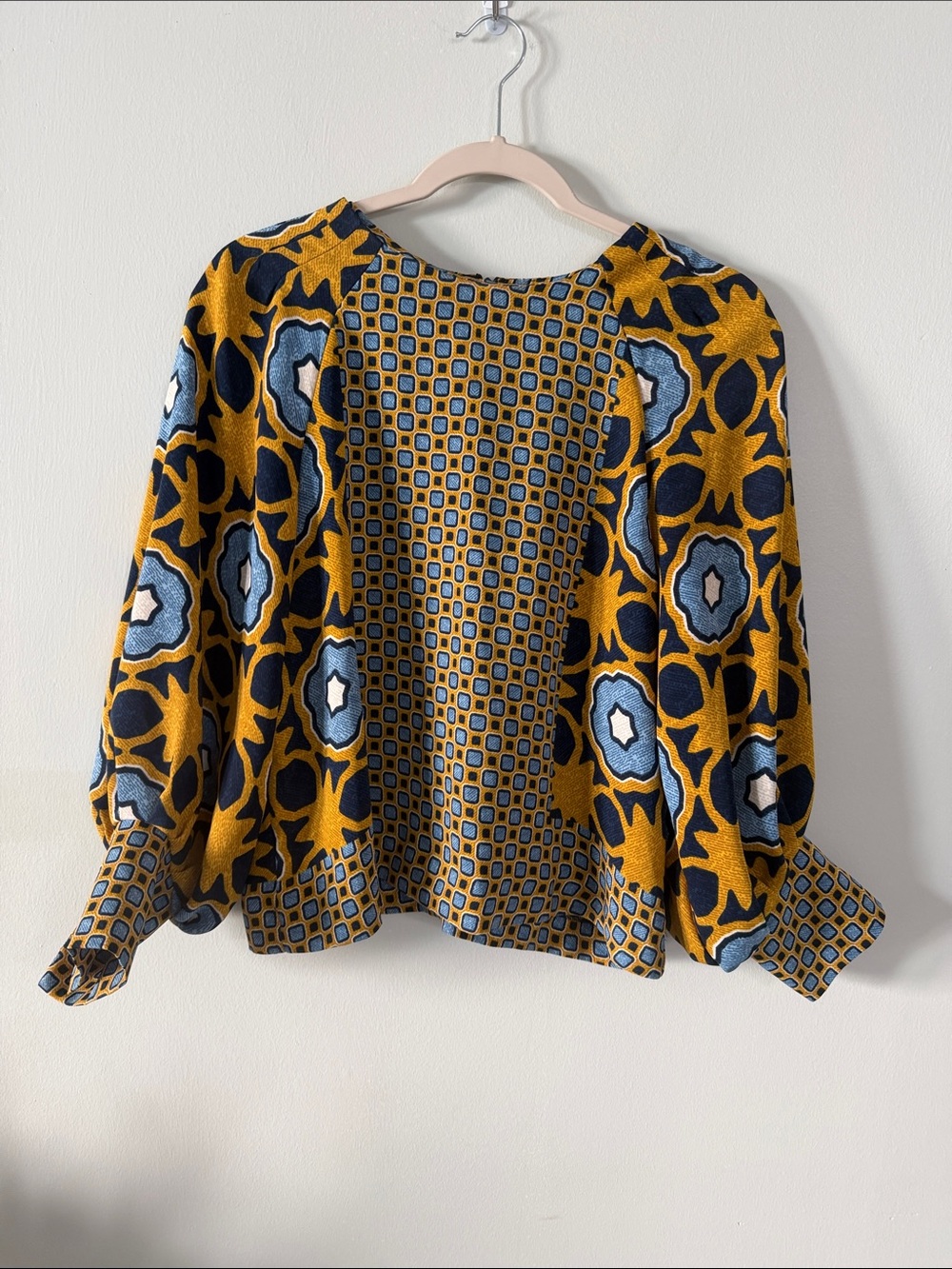Chico's Mustard, Navy & Light Blue Geometric Balloon-Sleeve Blouse